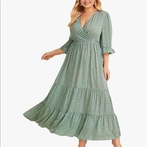 Plus Size Wrap V Neck Heart Print Long Maxi Dress